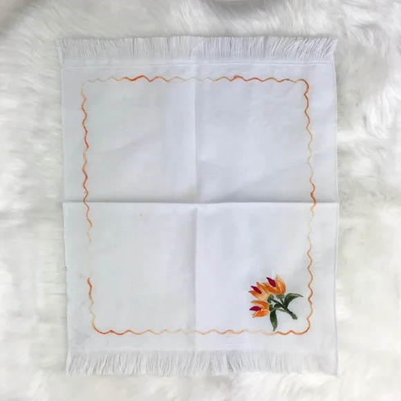 Embroidered Golden Tulips Flowers Fringe Handkerchief Vintage Style Floral - Picture 2 of 16